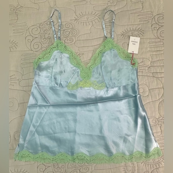 NEW Pearl Lace Two Tone Silk Cami Sz L Dream Blue Green Lace - Picture 1 of 6